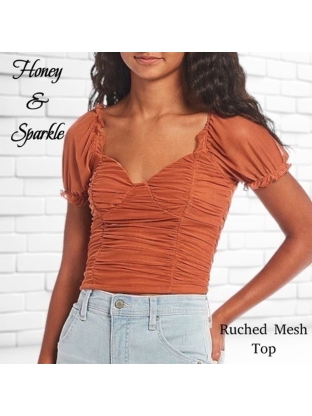 HONEY & SPARKLE Ruched Mesh Short Puff Sleeve Sweetheart Neck Crop Top/XL NWT